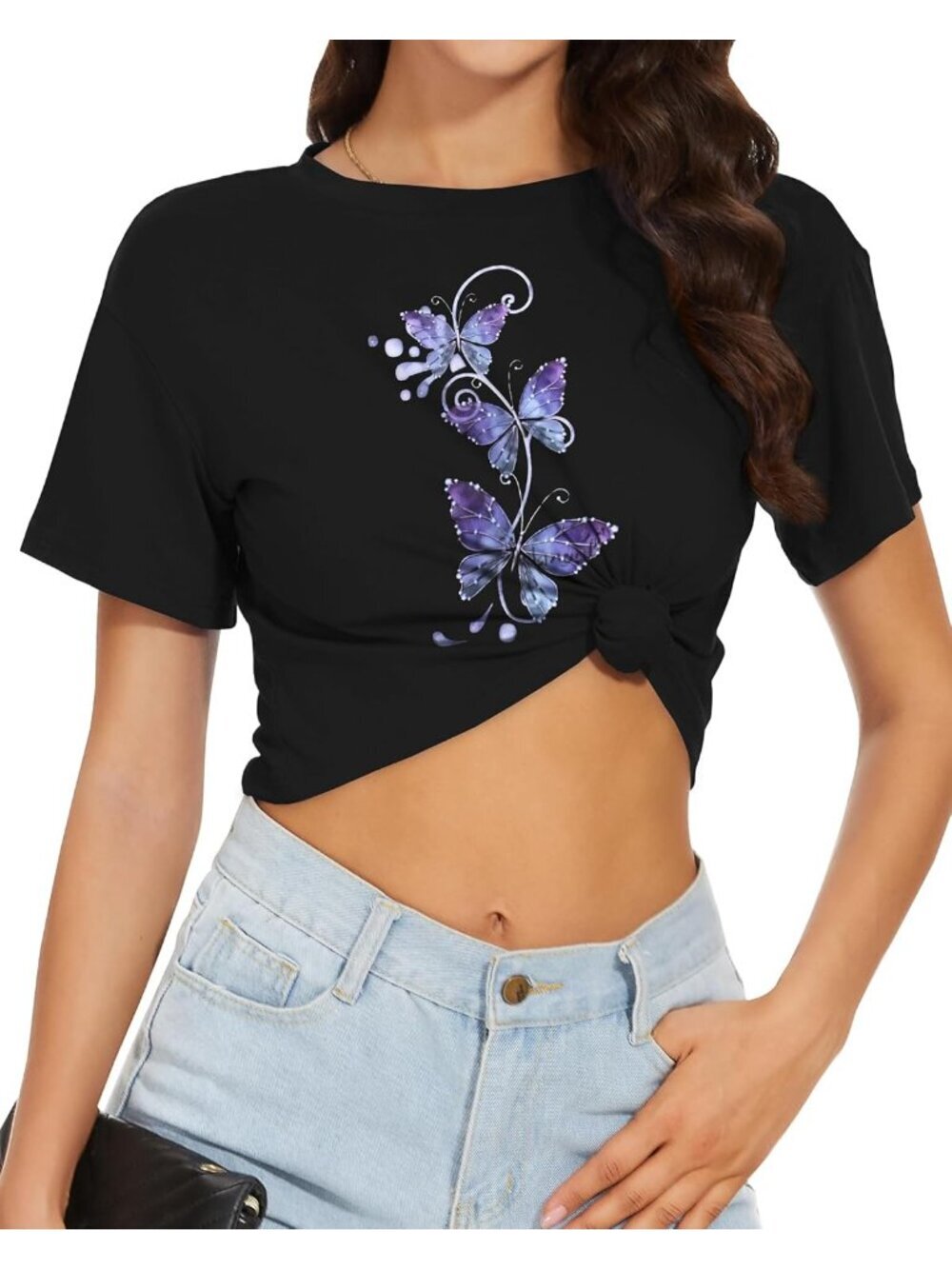 〽️Women Blue Purple Butterfly Short Sleeve Round Neck Loose Fit Summer Crop Tops